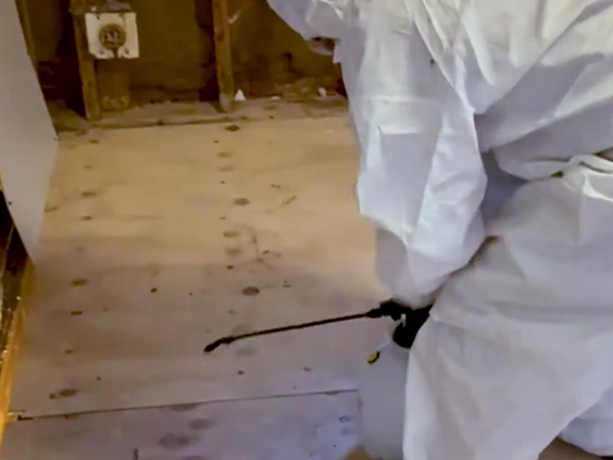 Technician in a white suit holding a hand sprayer over an exposed subfloor beside an open wall base