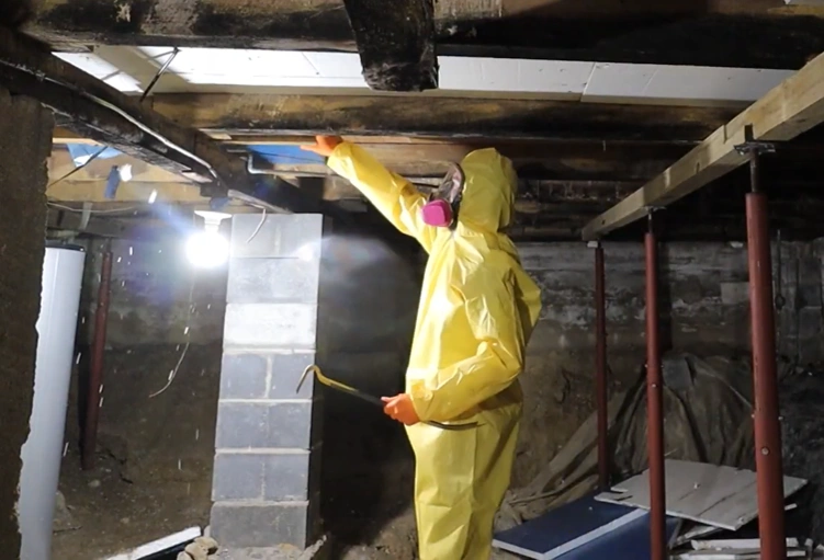 Technician in protective gear inspecting black mold on a wall during a black mold removal job in Gainesville, FL