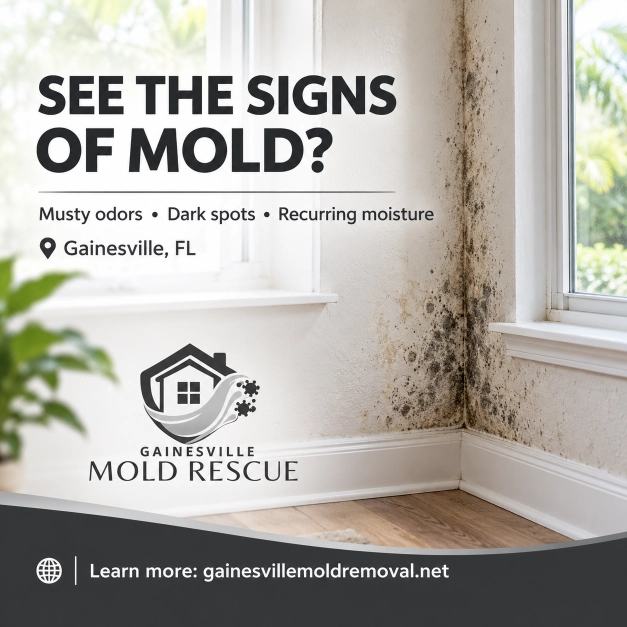 Mold warning signs by a window in a Gainesville home