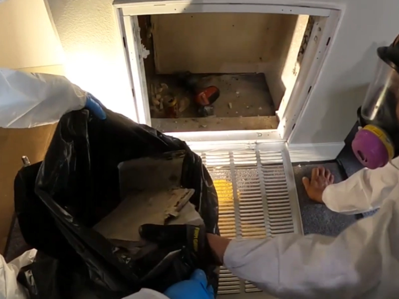 Technician bagging removed material next to an open access hatch in a High Springs home