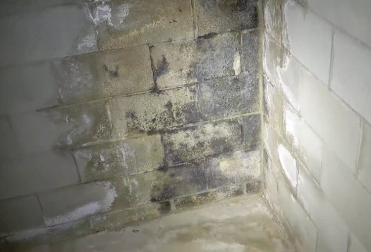 Black mold on a below-grade basement wall with moisture staining